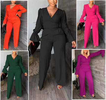 Twin set jumpsuit with puff sleeves, V-neck, belted waist, wide-leg pants