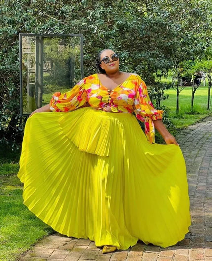 Maxi skirt and puff-sleeve blouse set, pleated yellow skirt