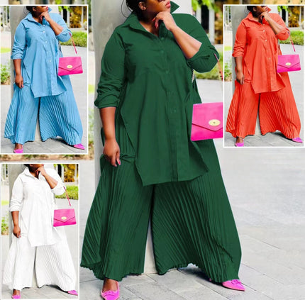 Dark-green pleated twin set: button tunic and wide-leg pleated pants