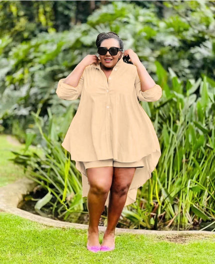 Wheat high-low tunic with buttons and matching shorts, asymmetrical hem