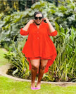 Red high-low tunic set with button front and matching shorts, long split sleeves
