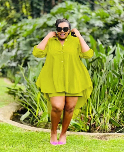 Green-Yellow high-low tunic with button front and matching shorts, flared asymmetrical hem