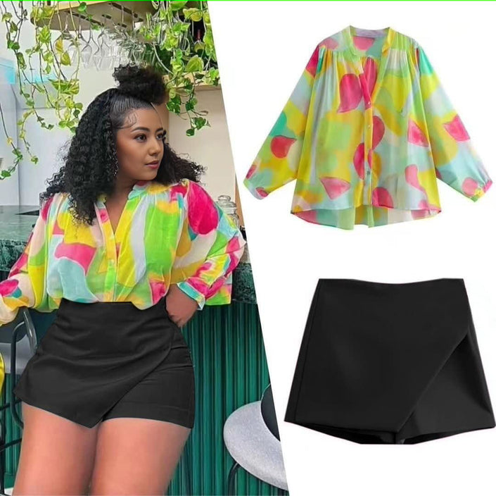 Abstract print wrap skirt-shorts, black solid, high-waist crossover front