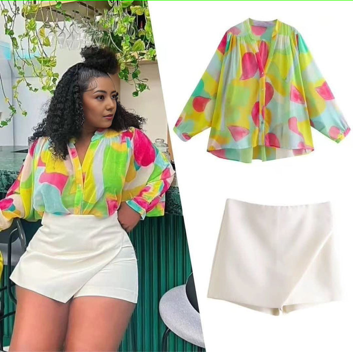 Abstract print wrap skirt-shorts, white solid, high-waist crossover front