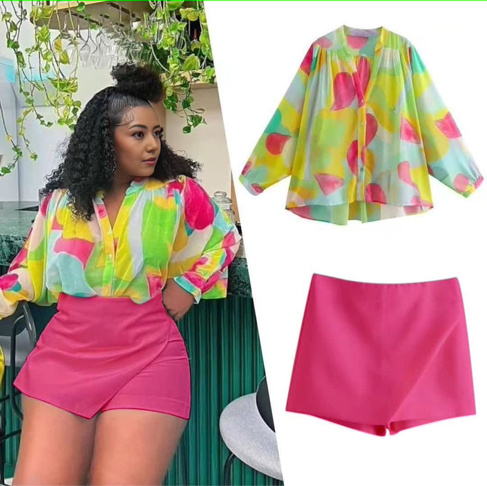 Abstract print wrap skirt-shorts, fuchsia solid, high-waist crossover front