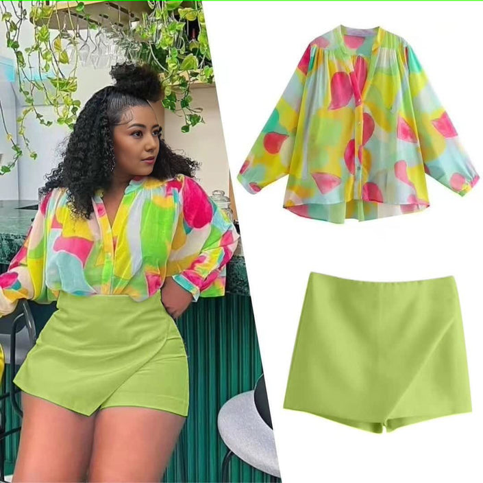 Abstract print wrap skirt-shorts, green-yellow solid, high-waist crossover front