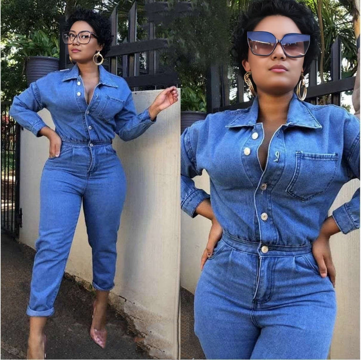 Light blue denim long-sleeve jumpsuit with rolled cuffs, button front, collar and pockets