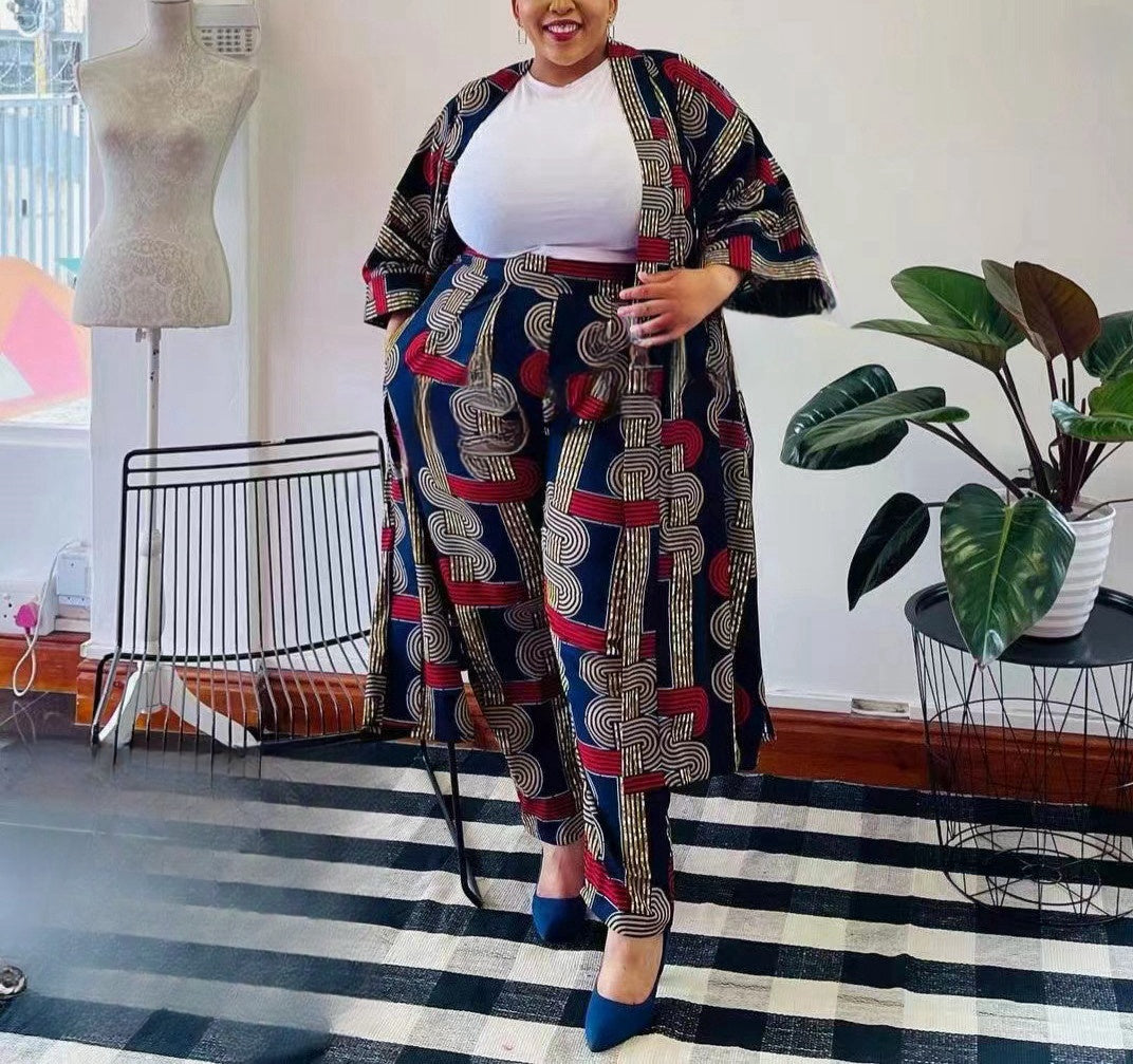 Plus size geometric print cardigan and matching pants with white crew-neck top