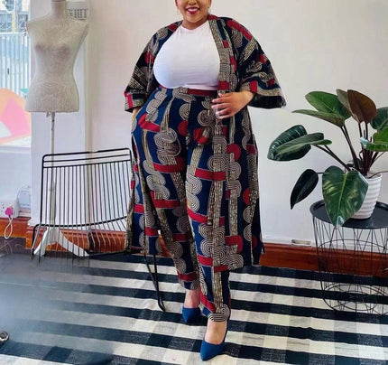 Plus size geometric print set: white top with long open kimono and matching pants