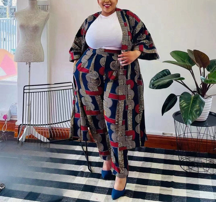 Plus size geometric print cardigan and matching pants with white crew-neck top