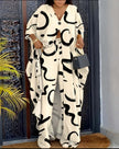 Long-Sleeved V-Neck Top with Abstract Pattern Pants