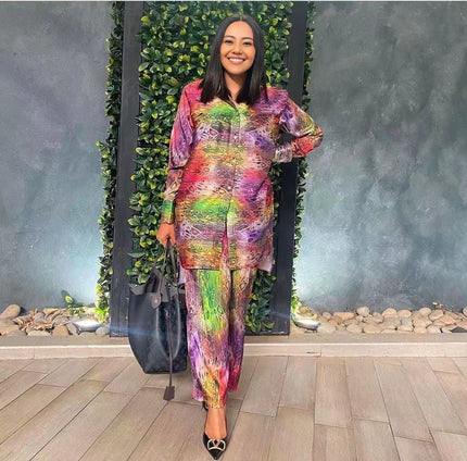 Printed long-sleeve twin set outfit: colorful abstract top and matching pants