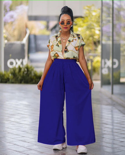 Tropical Print Short-Sleeve Collared Shirt and High-Waisted Wide-Leg Trousers