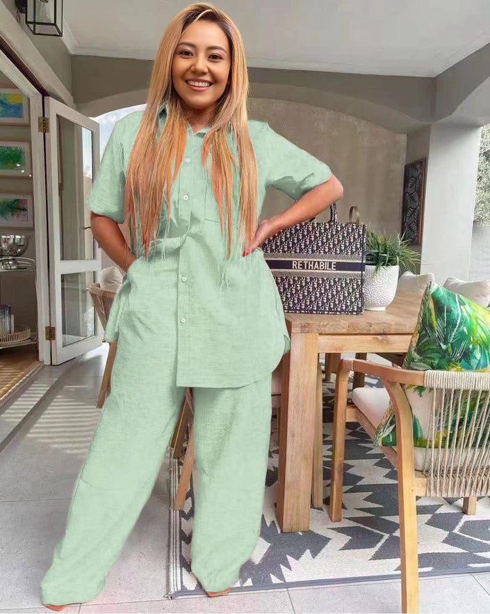 Green two-piece set: collared short-sleeve button top and wide-leg pants