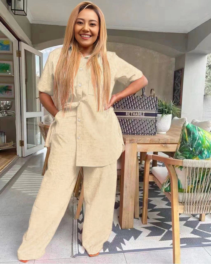 Cream two-piece set: collared short-sleeve button top and wide-leg pants