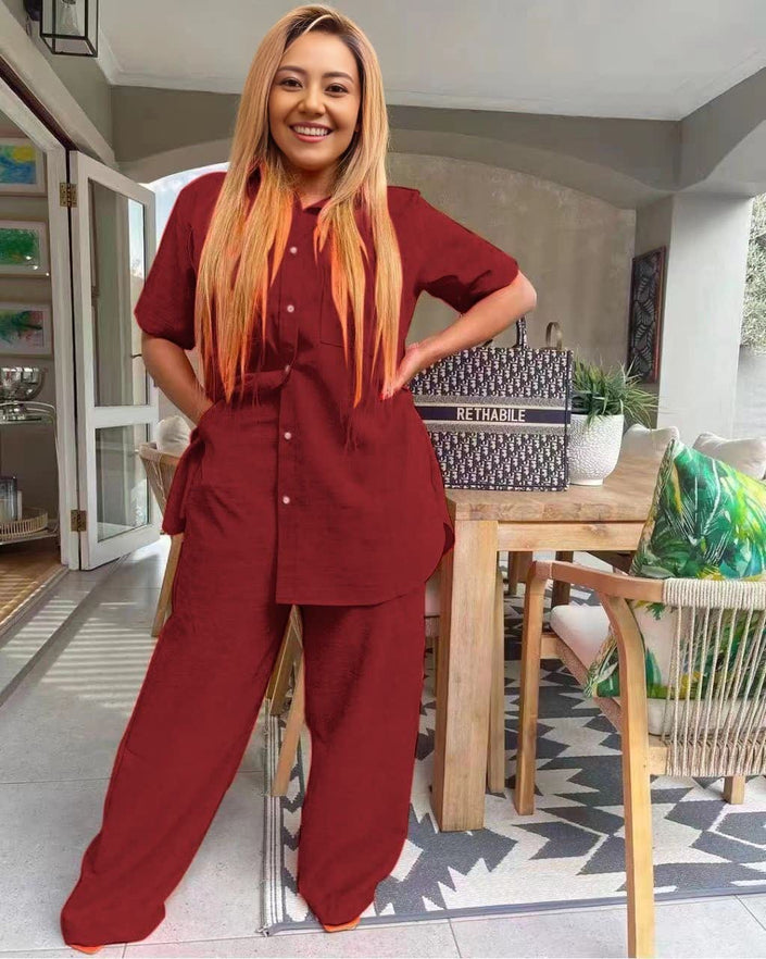 Maroon two-piece set: collared short-sleeve button top and wide-leg pants