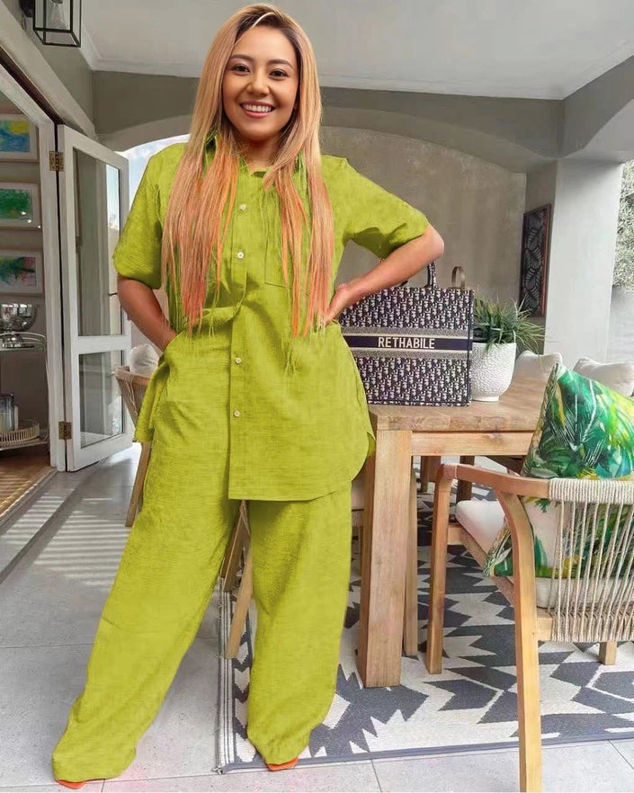 Lime two-piece set: collared short-sleeve button top and wide-leg pants