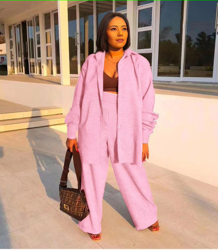 Casual Style Long-Sleeve Button-Up Textured Top and Loose-Fitting Trousers Set