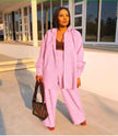 Textured twin set in light pink: open-front long jacket over buttoned top, wide-leg pants
