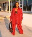 Textured twin set in rose-red: open-front long jacket over buttoned top, wide-leg pants
