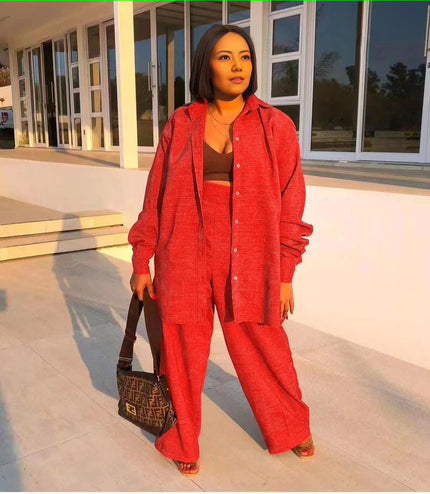 Texturiertes Set: Button-up Oberteil und weite Hose, Rosé-Rot