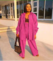 Textured twin set in orchid pink: open-front long jacket over buttoned top, wide-leg pants