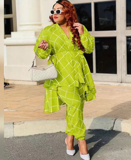 Twin Set V-neck layered printed top and pants, green-yellow grid pattern