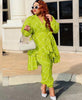 Layered V-neck printed top and cropped pants set, bright green grid pattern