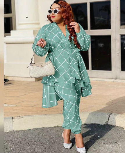 Twin Set V-neck layered printed top and pants, dark-turquoise with white grid
