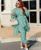 Layered V-neck printed top and cropped pants set, teal green grid pattern