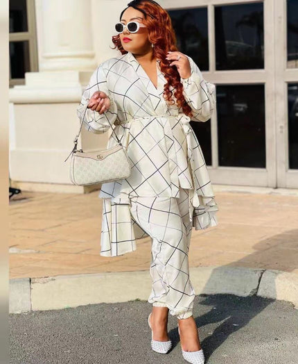 Twin Set V-neck layered printed top and pants, white with dark grid pattern