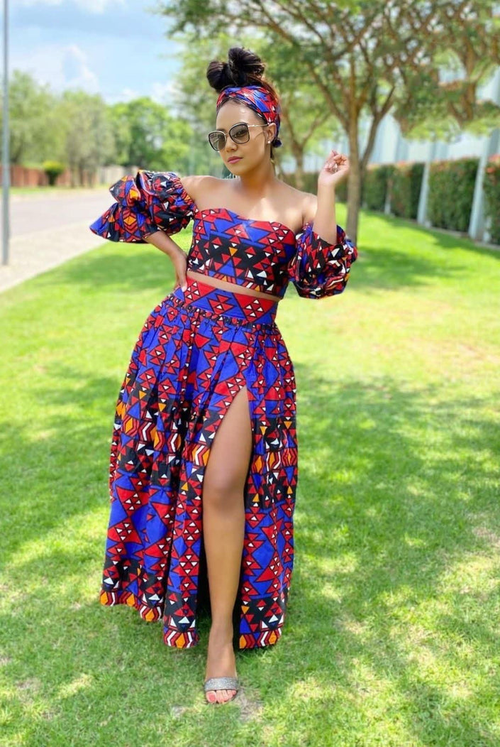 African print off-shoulder skirt set with puff sleeves and side slit, multicolor