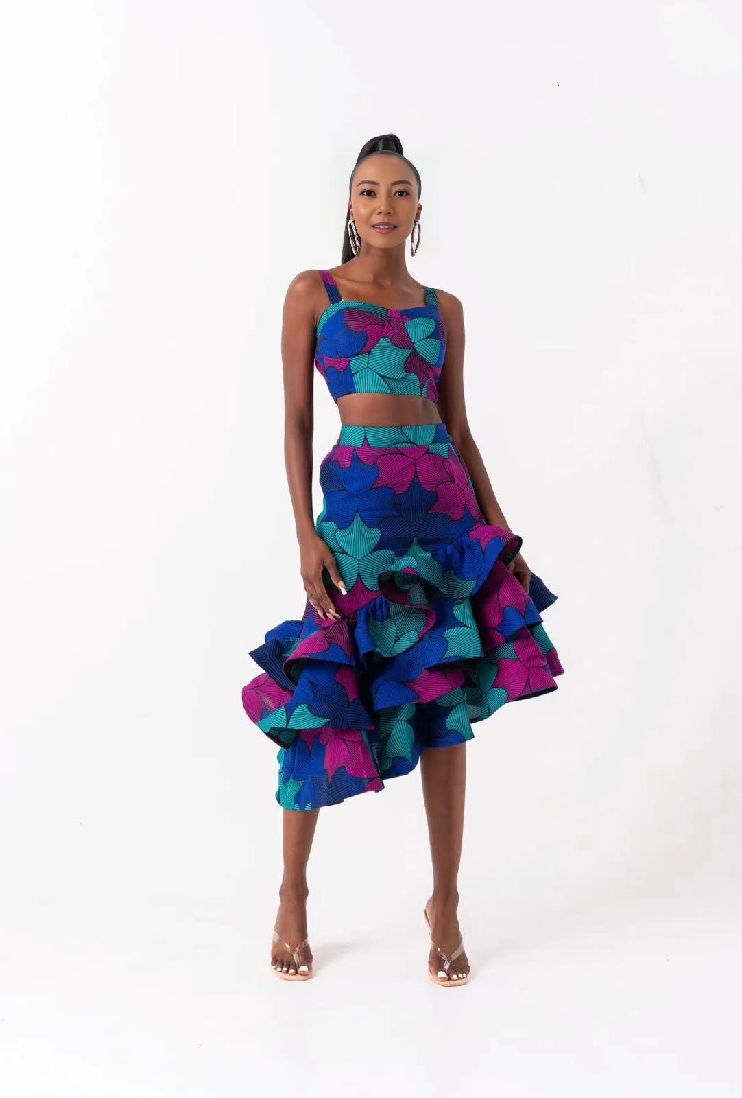 Ruffle skirt in bright blue and magenta floral African print with layered tiers