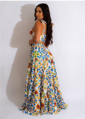 Floral Print Two-Piece Ensemble with Cropped Top and High-Waisted Maxi Skirt