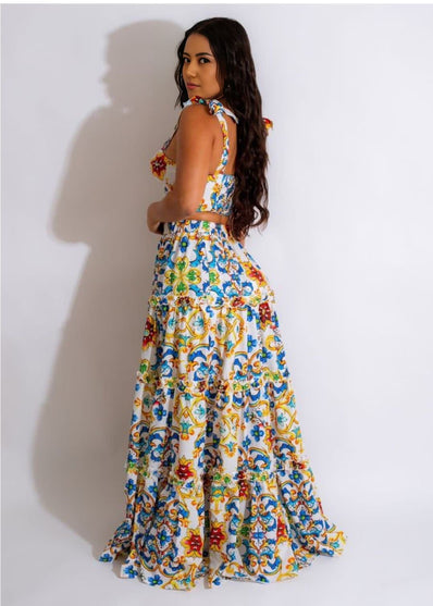 Floral Print Two-Piece Ensemble with Cropped Top and High-Waisted Maxi Skirt