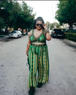 Printed wide-leg pantsuit with waist tie, sleeveless deep V top, green patterned