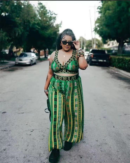 Printed wide-leg pantsuit with waist tie, sleeveless deep V top, green patterned