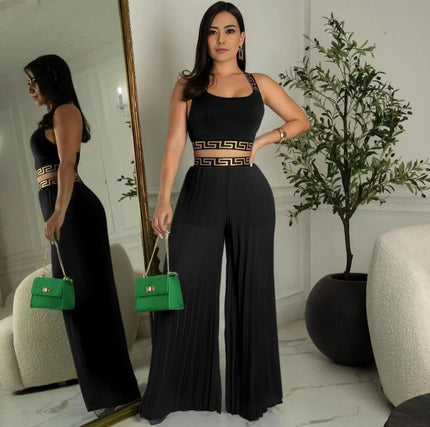 Black sleeveless crop pants set with pleated wide-leg trousers and patterned trim bodice