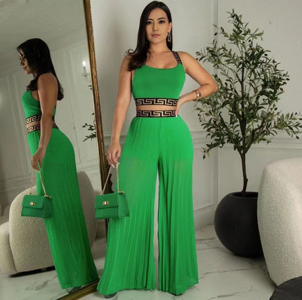 Green sleeveless crop pants set with pleated wide-leg trousers and patterned trim bodice