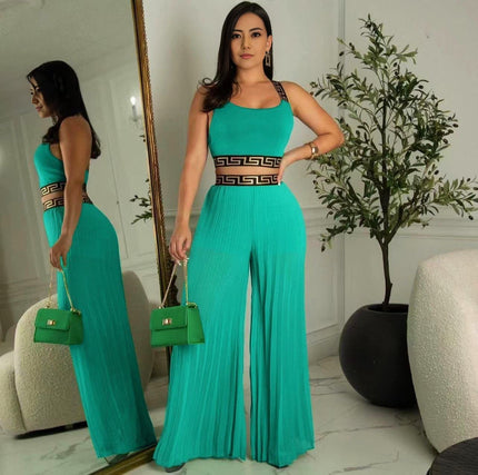 Turquoise sleeveless crop pants set with pleated wide-leg trousers and patterned trim bodice