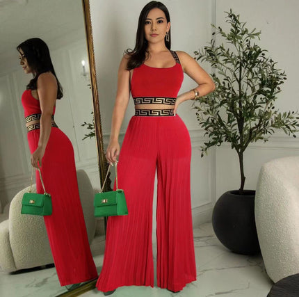 Red sleeveless crop pants set with pleated wide-leg trousers and patterned trim bodice