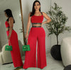 Red sleeveless crop pants set with pleated wide-leg trousers and patterned trim bodice