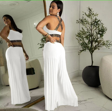 White sleeveless crop pants set with pleated wide-leg trousers and patterned trim bodice