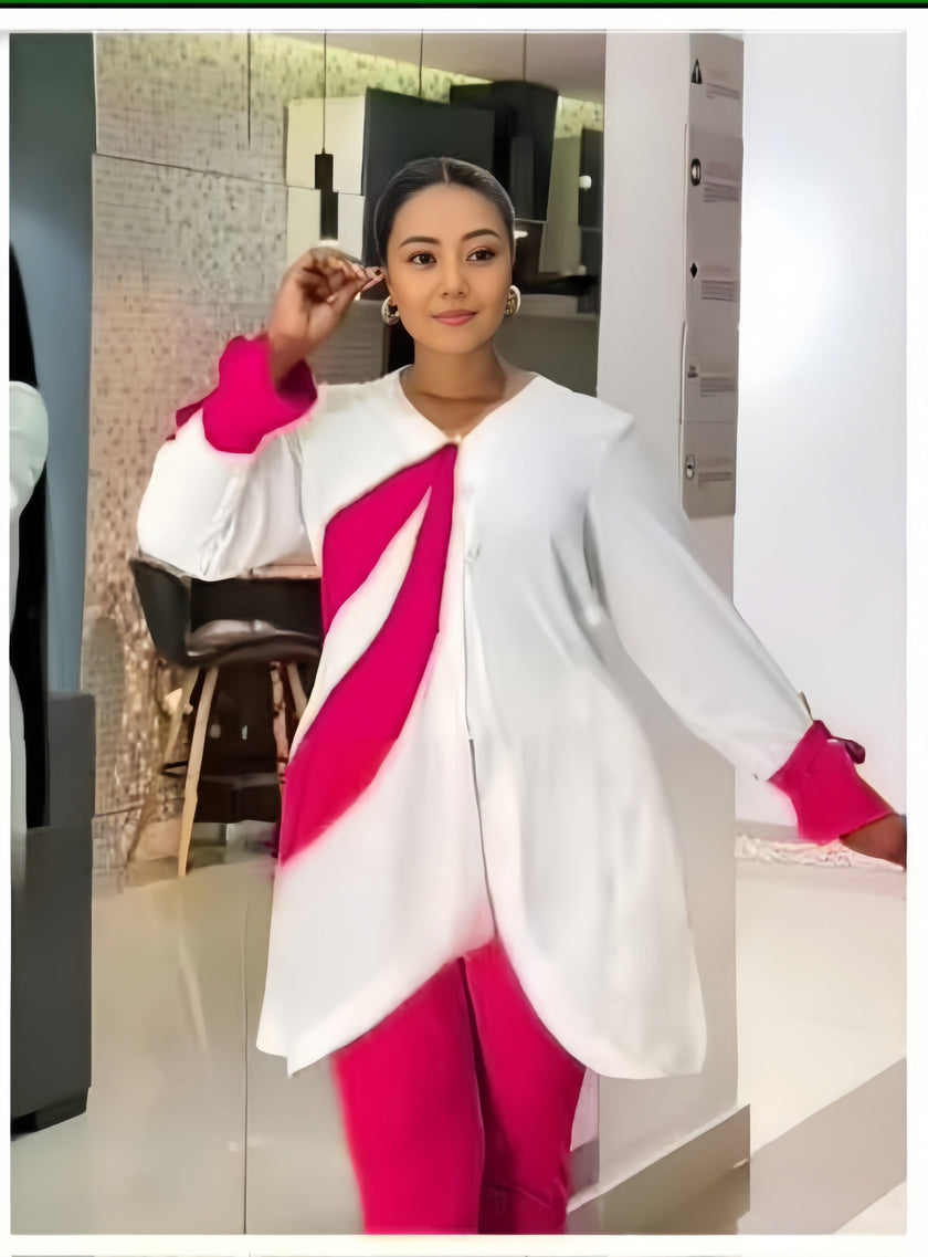 Asym hem top and fitted trouser set, white with magenta diagonal panel and trim