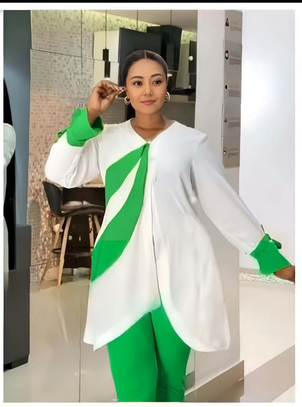 Asym hem top and fitted trouser set, white with green diagonal panel and trim