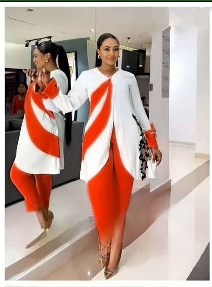 Asym hem top and fitted trouser set, white with orange diagonal panel and trim