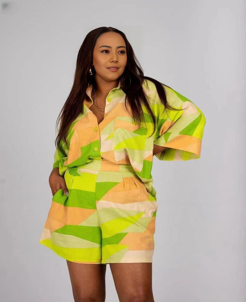 Geometric printed shirt and shorts twin set, lime green and peach with collar