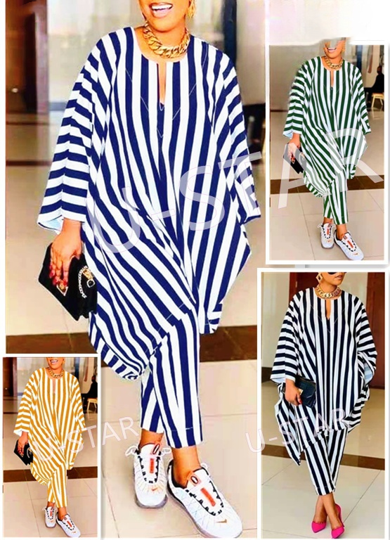 Blue-and-white striped pullover tunic with loose fit; inset shows green and orange styles
