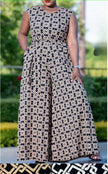 Sleeveless geometric wide-leg jumpsuit in dark with light lattice pattern