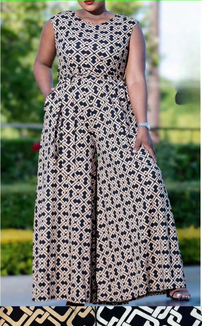 Sleeveless geometric wide-leg jumpsuit in dark with light lattice pattern